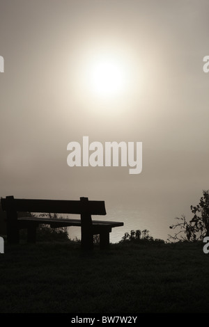 Banco di vuoto che si affaccia su una distesa di nebbia Foto Stock