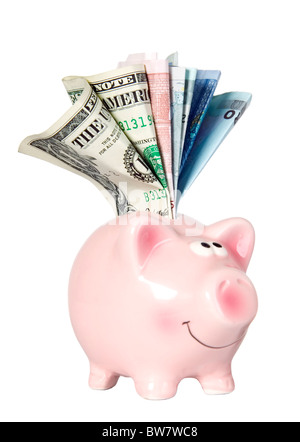 Salvataggio di maiale è sorridente e piedi con denaro Foto Stock