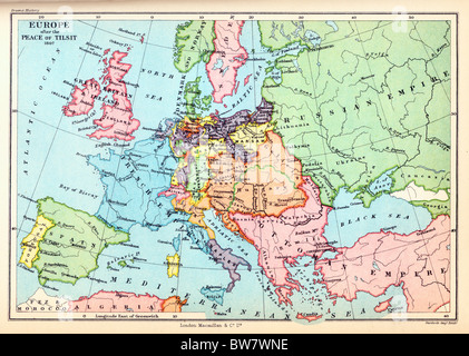 Una mappa di Europa dopo la pace di Tilsit, 1807; Illustrazione a colori; Foto Stock