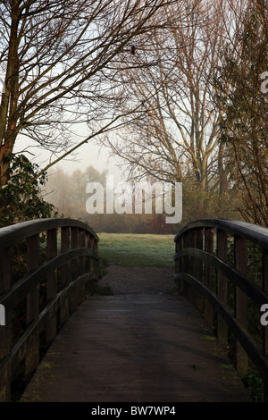 La laminazione di nebbia attraverso un ponte di legno Foto Stock