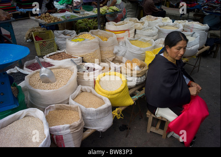 Donna di vendita i fagioli, Mercato di Otavalo, Imbabura, Ecuador Foto Stock