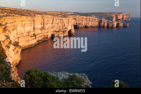 Uno sweep di scogliere in aumento più di cento metri sopra il mare corpino ovest di Gozo a Malta. Foto Stock