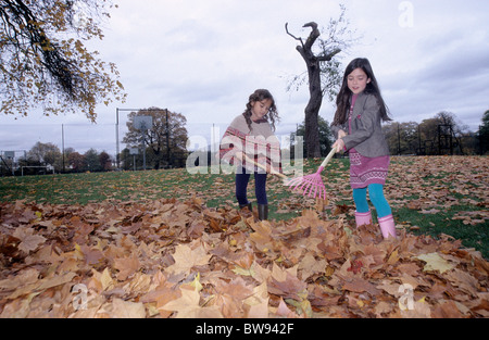 Due bambine in un parco in autunno a rastrellare foglie. Foto Stock