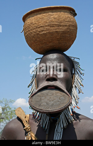 Tribù dei Mursi donna con piastra a labbro, Valle dell'Omo, Etiopia Foto Stock