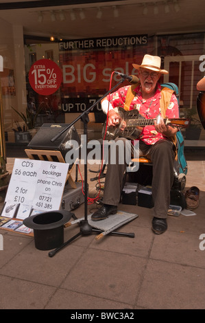 Chris Steinhaler musicista di strada con la sua chitarra a Norwich, Norfolk , in Inghilterra , Gran Bretagna , Regno Unito Foto Stock