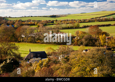 Autunno vista da Marleycombe collina sopra il villaggio di Wiltshire di Bowerchalke, England, Regno Unito Foto Stock