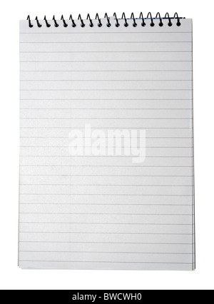 Notebook con carta a righe, legante e la pagina vuota per il disegno o il testo isolato su sfondo bianco. Foto Stock