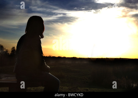 Vista posteriore di una donna seduta a guardare verso un tramonto Foto Stock