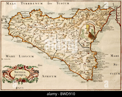 Vecchia mappa della Sicilia, può essere datata al 18 ° secolo Foto Stock