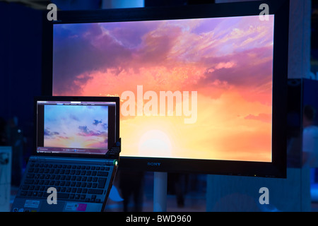 Schermo wide screen monitor di grandi dimensioni e il computer portatile di Sony moderno sistema multimediale Foto Stock