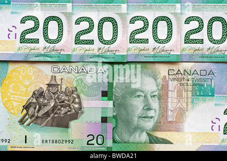 Canadian denaro: close up di banconote da 20 €. Foto Stock