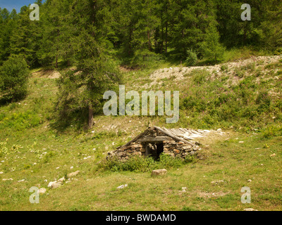 Molto tradizionale vecchio rifugio di montagna capanna cabina, probabilmente utilizzato per gli ovini, in Les Orres, Hautes Alpes, Francia Foto Stock