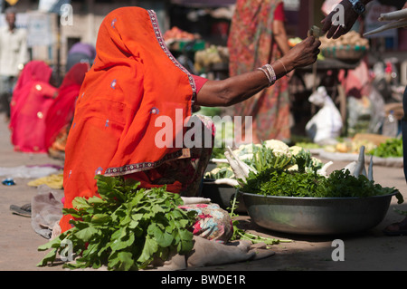 Donna verdure di vendita in un mercato di Pushkar, Rajasthan Foto Stock