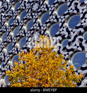 Foglie di autunno su albero con finestre a tutto sesto e il rivestimento sul moderno Ravensbourne College istruzione edificio a nord della penisola di Greenwich Londra Inghilterra REGNO UNITO Foto Stock