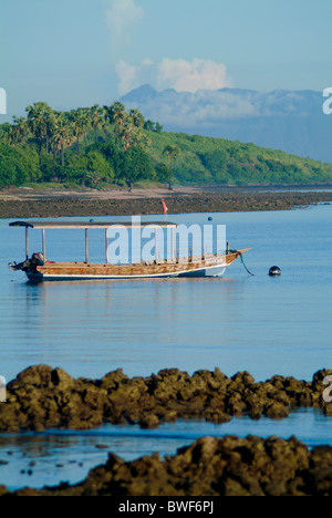 Una barca di immersione attende ancorata al largo della costa nord ovest Bali nel villaggio di Pemuteran. Un vulcano sull'isola di Java. Foto Stock