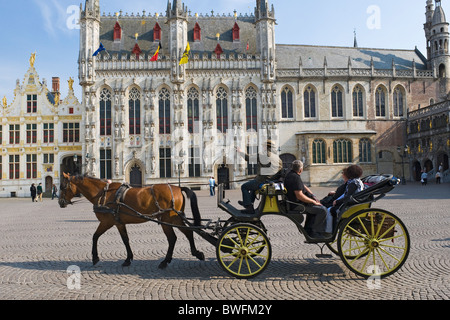 Il Burg e il Municipio, allenatore di cavalli, il centro storico di Bruges, Belgio Foto Stock