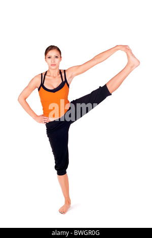 Donna facendo esercizi yoga chiamato: giravano mano per Alluce pongono, nome sanscrito: Hasta Padangusthasana Foto Stock