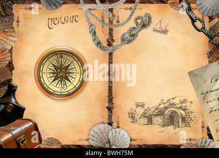 Vecchio pirata tesori e bussola rétro Foto Stock
