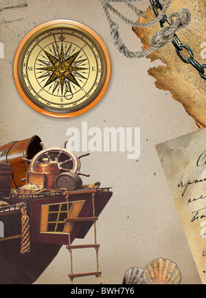 Retrò bussola sullo sfondo della carta con i tesori dei pirati Foto Stock