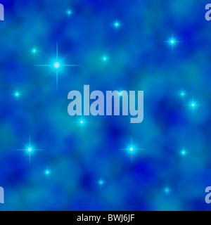 Illustrazione di stelle scintillanti in un nuvoloso cielo blu Foto Stock