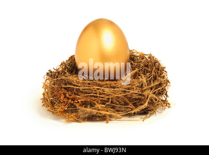 Golden Egg in un nido che rappresenta il risparmio a fini pensionistici o la sicurezza Foto Stock