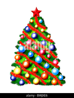 Colorato albero di natale illustrazione con la pittura ad olio look. Isolato su sfondo bianco. Foto Stock