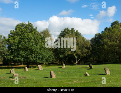 Nove Ladies cerchio di pietra su Stanton Moor, Derbyshire, in Inghilterra, Regno Unito Foto Stock
