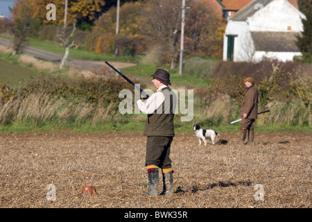 I tiratori (cannoni) di attesa per la selvaggina di penna a salire su una ripresa in Cambridgeshire Regno Unito Foto Stock