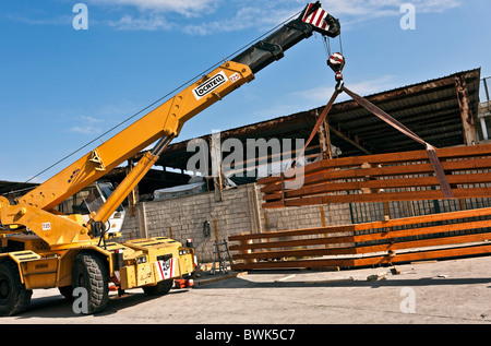 Camion gru di carico del magazzino materiali lamellari Foto Stock