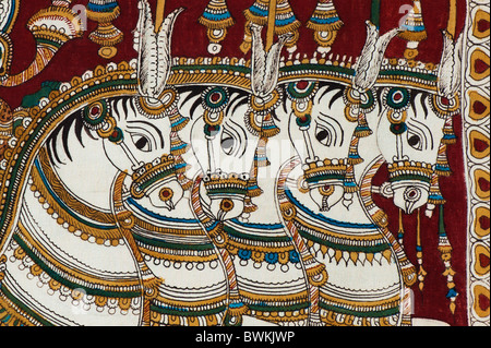 Indiana tradizionale pittura indù di quattro cavalli. India Foto Stock