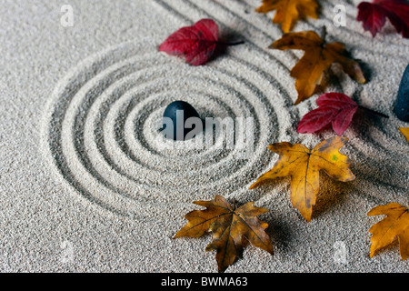 Rastrellata sabbia - zen rock garden - Giappone Zen spirito ispirato disposizione Foto Stock