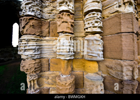 Dettaglio della pietra erosa dalla colonna Whitby Abbey, nello Yorkshire, Inghilterra, illuminato dal sole di sera. Foto Stock