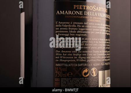 Amarone della Valpolicella ETICHETTA DEL FLACONE Foto Stock