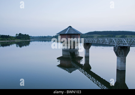 La luce della sera getta un bagliore fresco attraverso Cropston serbatoio, Leicestershire. Foto Stock