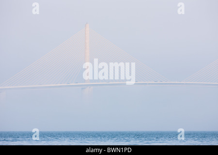 Il Sunshine Skyway bridge spanning Tampa Bay, parzialmente nascosto dalla nebbia. Foto Stock