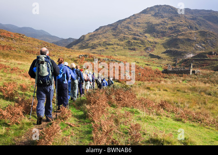 Gruppo di escursionisti a piedi nelle montagne del Parco Nazionale di Snowdonia in autunno. Nantgwynant, Gwynedd, Galles del Nord, Regno Unito. Foto Stock