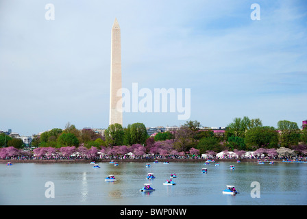 Il Monumento a Washington con la fioritura dei ciliegi sul lago con barca, Washington DC. Foto Stock