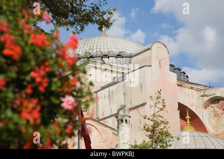 Turchia Istanbul Sultanahmet Hagia Sophia, parte Vista della facciata esterna e tetto a cupola con il rosso dei gerani in primo piano Foto Stock