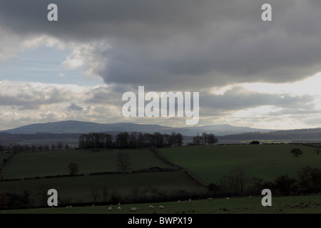 Una vista attraverso la campagna guardando verso Wenlock Edge e il marrone Clee Hill e Totterstone Clee Hill nella distanza. Foto Stock