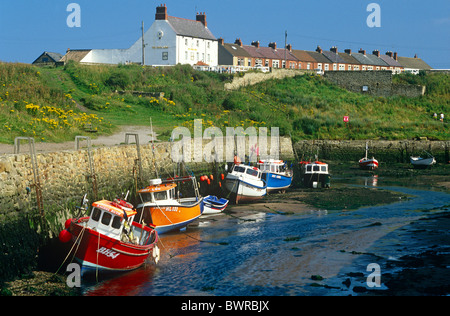 Una vista di Seaton Sluice porto con barche ormeggiate, Northumberland Coast Foto Stock