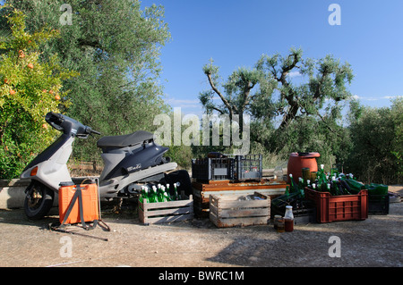 Scooter con bottiglie e un assortimento di posta indesiderata su giardino vialetto in Italia Foto Stock