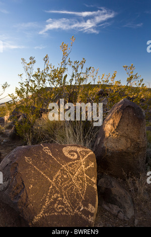 Petroglyph raffigurante la caccia di bighorn da La Jornada Mogollon a tre fiumi Petroglyph Sito, Nuovo Messico USA. Foto Stock