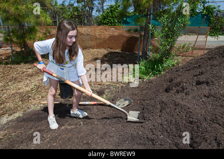 Gli studenti, i genitori e gli insegnanti lavorano sul giardino alla 24th Street School Garden sul grande domenica. West Adams, Los Angeles Foto Stock
