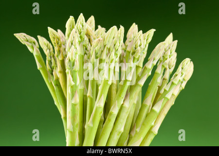 Un covone di asparagi su uno sfondo verde. Foto Stock