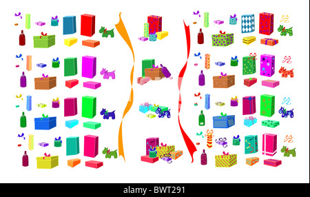 Doni di tutte le forme e dimensioni isolato su bianco per consentire a propria disposizione, con o senza la carta di avvolgimento con modelli Foto Stock