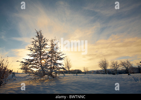 Wintery tramonto e neve in nidderdale, North Yorkshire Foto Stock