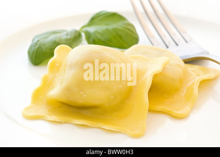 Ravioli di bollito con il prezzemolo come primo piano su una piastra bianca Foto Stock