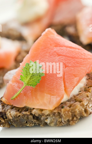 Salmone affumicato su pane integrale come primo piano su una piastra Foto Stock