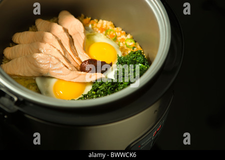 Il coreano Bibimbap, riso con kimchi, Salmone al vapore, spinaci, uova, peperoncino e pasta di semi di sesamo, cucina all'interno di un elettrico Foto Stock