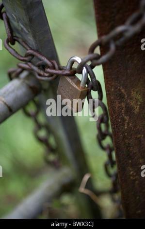 Chiuso con lucchetto in metallo gate farm Foto Stock